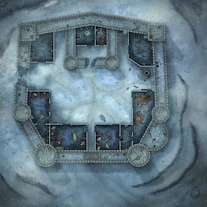 May include: A top-down view of a snow-covered, gray stone castle with a courtyard in the center. The castle has multiple rooms and towers, and the courtyard is covered in snow.