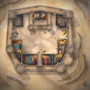 May include: Top-down view of a stone fortress with a central courtyard. The fortress has multiple rooms and towers, with some rooms containing furniture and other objects. The courtyard is empty.