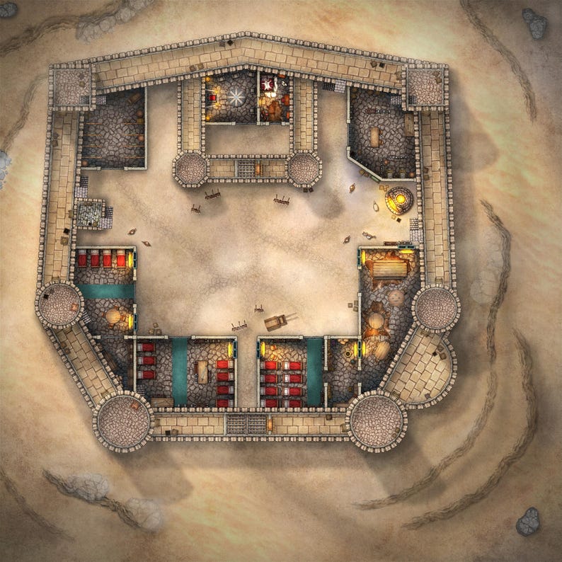 May include: Top-down view of a stone fortress with a central courtyard. The fortress has multiple rooms and towers, with some rooms containing furniture and other objects. The courtyard is empty.