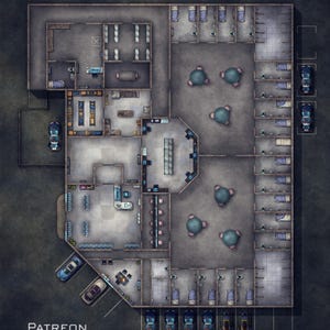 May include: A top-down digital floor plan of a modern facility featuring multiple rooms, including a central command area, rows of small sleeping quarters with beds, communal seating zones with round tables, and several parked vehicles outside.