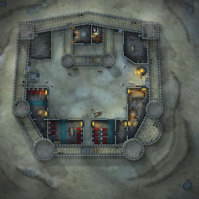 May include: A top-down view of a stone castle interior. The castle has a large central courtyard with several rooms and hallways branching off. The rooms are furnished with tables, chairs, and beds. The castle is lit by candles and torches.