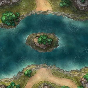 K&ouml;nnte beinhalten: Draufsicht einer Fantasy-Karte mit einem Fluss mit einer kleinen Insel und Feldwegen. Der Fluss hat eine tief t&uuml;rkisblaue Farbe, und die Insel und die Ufer sind mit gr&uuml;nen B&auml;umen und Gras bedeckt. Die Wege sind hellbraun.