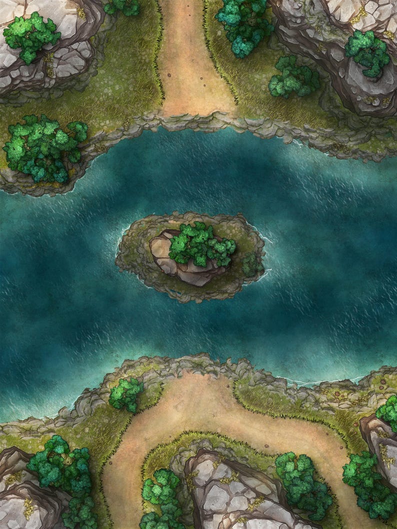 K&ouml;nnte beinhalten: Draufsicht einer Fantasy-Karte mit einem Fluss mit einer kleinen Insel und Feldwegen. Der Fluss hat eine tief t&uuml;rkisblaue Farbe, und die Insel und die Ufer sind mit gr&uuml;nen B&auml;umen und Gras bedeckt. Die Wege sind hellbraun.