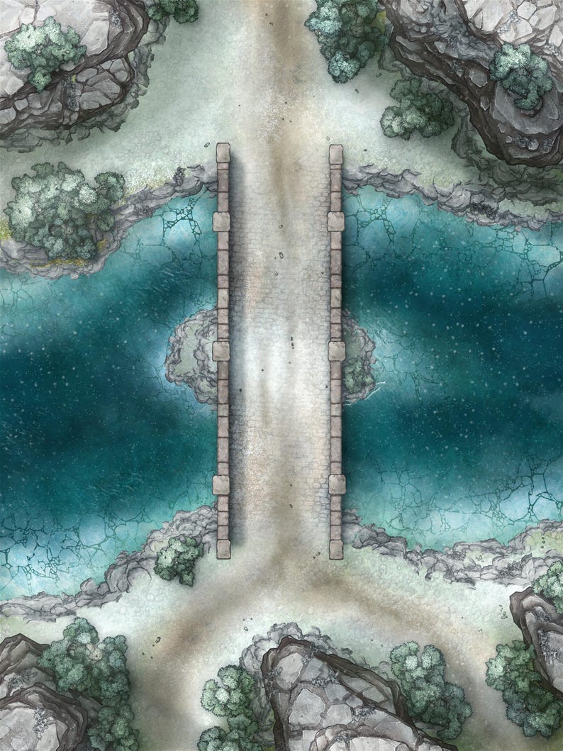 K&ouml;nnte beinhalten: Draufsicht einer Fantasy-Karte mit einer Steinbr&uuml;cke &uuml;ber einem t&uuml;rkisfarbenen Fluss. Der Fluss ist von sandigen Ufern, felsigen Klippen und gr&uuml;nen Bl&auml;ttern umgeben. Die Karte hat einen Aquarellstil.