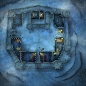 May include: An aerial view of a stone castle with a snow-covered courtyard. The castle has multiple towers and windows with glowing lights inside. The courtyard is empty except for a few scattered objects.