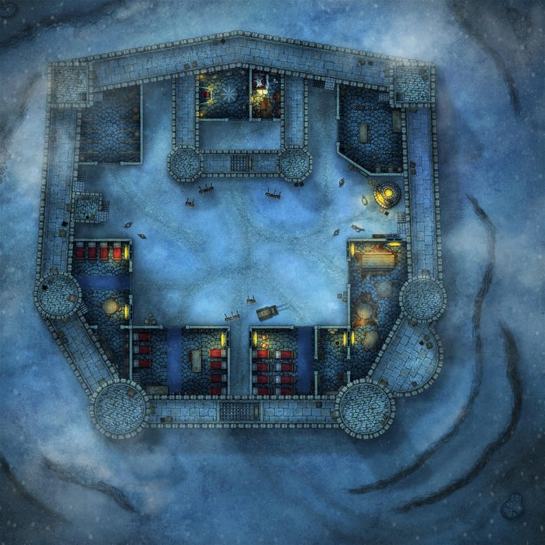 May include: An aerial view of a stone castle with a snow-covered courtyard. The castle has multiple towers and windows with glowing lights inside. The courtyard is empty except for a few scattered objects.
