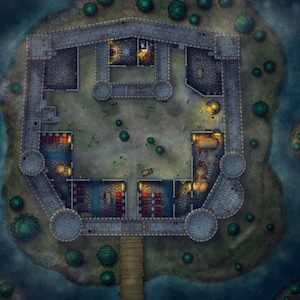 May include: A top-down view of a stone castle with a courtyard in the center. The castle has a moat and a drawbridge. The courtyard is surrounded by buildings with windows and doors. There are trees and bushes around the castle.