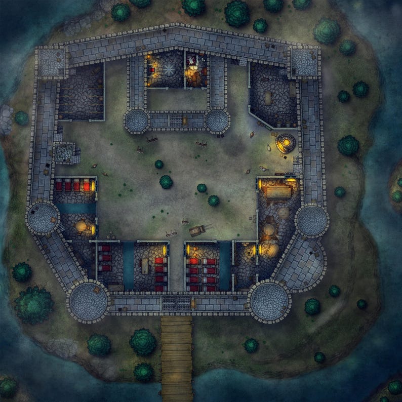 May include: A top-down view of a stone castle with a courtyard in the center. The castle has a moat and a drawbridge. The courtyard is surrounded by buildings with windows and doors. There are trees and bushes around the castle.