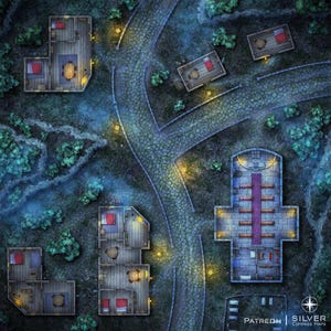 May include: A detailed fantasy map, viewed from above, showing a cobblestone road and buildings. The map features a nighttime setting with a blue and green colour scheme. Buildings with red beds and tables are scattered throughout the map.
