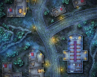 Dark Village Battlemap, DnD Map, Town, Haunted, City Streets, D&D, Battle Map, 5e, Roll20, Foundry, VTT, Digital Map, Gridded Map