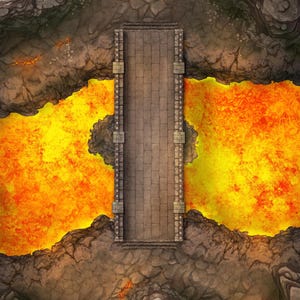 K&ouml;nnte beinhalten: Draufsicht einer Fantasy-Karte mit einer Steinbr&uuml;cke &uuml;ber einem Fluss aus geschmolzener Lava. Die Br&uuml;cke ist grau, mit detaillierter Steinmetzarbeit. Die Lava ist leuchtend orange und gelb, umgeben von dunkelgrauen Felsformationen.