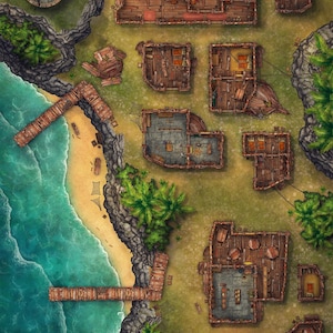 May include: Overhead view of a detailed fantasy map depicting a coastal village. The map features several weathered wooden buildings, docks, a sandy beach, and lush green vegetation. A stone well is visible near the top left. The map is labeled "Patreon | Silver Compass Maps".