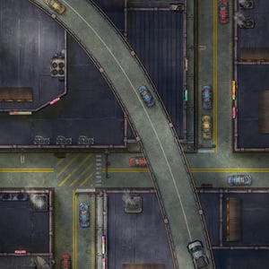 Battlemap moderne stad, stadsstraten, DnD-kaart, TTRPG-kaart, cyberpunk, D&D, RPG-kaart, Shadowrun, Roll20, Foundry, VTT, digitale kaart, gerasterde kaart