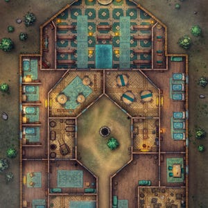 Battlemap klooster, DnD-kaart, kerk, heiligdom, D&D, strijdkaart, tempel, rasterkaart, kaarten voor miniaturen, Roll20, fantasiekaart, VTT, RPG-kaart
