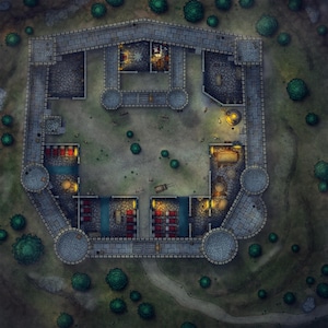 May include: A top-down view of a stone fortress with multiple rooms and towers. The fortress is lit by candlelight and has a courtyard in the center.