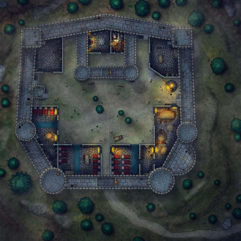 May include: A top-down view of a stone fortress with multiple rooms and towers. The fortress is lit by candlelight and has a courtyard in the center.