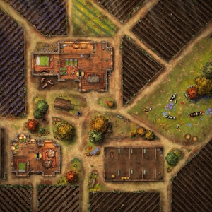 Battlemap boerderij, DnD-kaart, dorp, verwoest, stad, D&D, strijdkaart, miniatuur, gerasterde kaart, 5e, Roll20, fantasiekaart, digitale kaart, gerasterde kaart