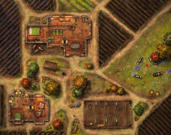 Farm Battlemap, DnD Map, Village, Ruined, Town, D&D, Battle Map, Miniature, Gridded Map, 5e, Roll20, Fantasy Map, Digital Map, Gridded Map