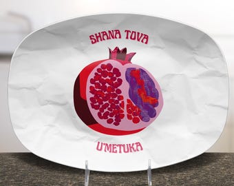 Melamine Judaica Platter, Shabbat & Holiday Tray, Rosh Hashanah Gift, Challah or Dessert Tray Rosh Hashanah Jewish hostess gift, pomegranate