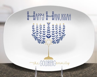 Custom name Happy Hanukkah Platter, Festive Holiday Kitchen latkeTray, Hanukkah Plate dish, hanukkah gift dinnerware menorah plate keepsake