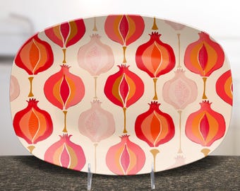 Melamine Judaica Platter – Shabbat or Holiday Tray, Rosh Hashanah Gift, Challah or Dessert Tray, Durable & Lightweight, pomegranate