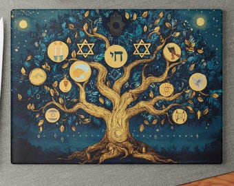 Judaica Glass Cutting Board. Original Jewish art Challah Board, Rosh Hashanah Gift, Jewish Kitchen Decor, Modern Jewish Art, Shabbat gift,