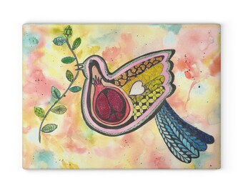 Watercolor Peace Dove with Pomegranate Glass Cutting Board | Judaica Rosh Hashanah Shabbat Challah Board Jewish Gift Original Jewish Art
