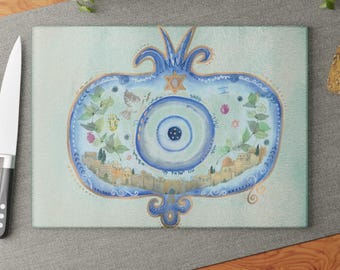 Evil Eye Pomegranate Original Watercolor Glass Cutting Board | Jerusalem Israel Judaica Rosh Hashanah Challah Board Shabbat Jewish Hostess