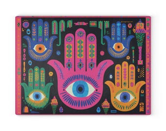Judaica Glass Cutting Board Original art Challah Board, Rosh Hashanah, Jewish Kitchen, evil eye, Shabbat gift Jewish Wedding, Hamsa pop art