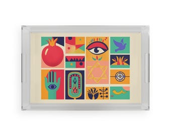 Jewish Symbols Acrylic Serving Challah Tray Rosh Hashanah Tray Challah Board Jewish gift Shabbat Tray Gift Shabbat candle tray hamsa evileye