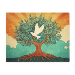 May include: A rectangular placemat featuring a stylized illustration of a tree with a white dove in flight. The tree has green and blue leaves, a brown trunk and roots, and is set against a backdrop of a rising sun and clouds.
