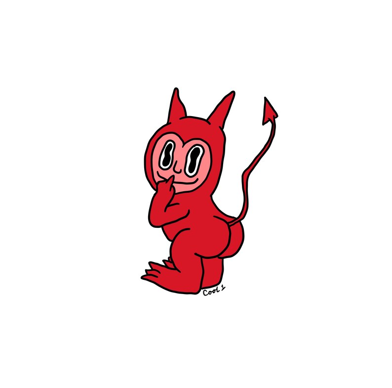 K&ouml;nnte beinhalten: Cartoon-Illustration eines roten Teufelscharakters mit rosa Gesicht und langem, gebogenem Schwanz. Der Teufel tr&auml;gt einen roten Overall und hat H&ouml;rner. Das Wort "Cool 1" steht unten rechts.