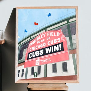 May include: A watercolour painting of Wrigley Field, home of the Chicago Cubs, with a red sign that reads "Cubs Win!" and a Toyota logo. The sign is above a white building with green trim.
