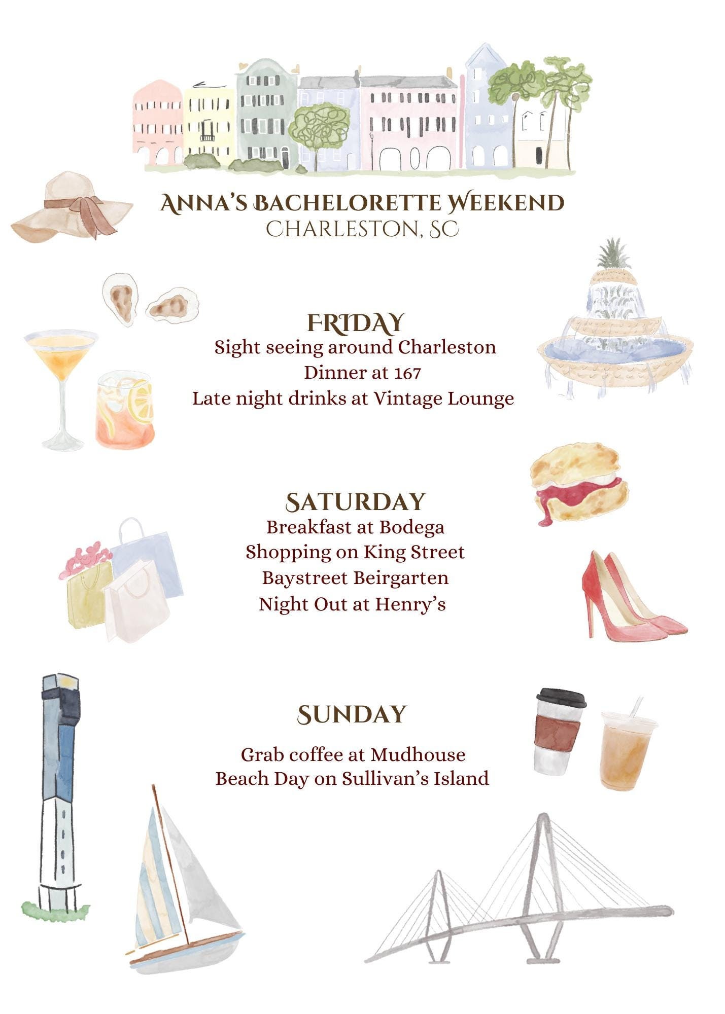 Charleston Bachelorette Aquarell Reiseplan | Digitaler Download