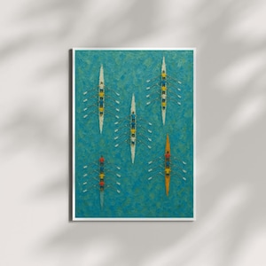 Puede incluir: Impresión artística enmarcada que muestra cinco botes de remo sobre un fondo turquesa texturizado. Los botes son blancos, amarillos y naranjas, cada uno con una tripulación de remeros. La obra de arte tiene un estilo pictórico.