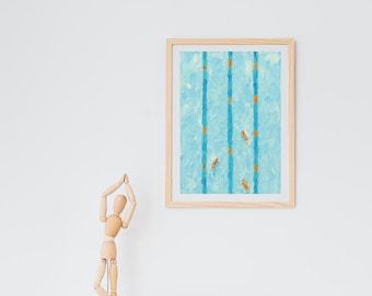 Arte mural de natación • Pintura aérea de carril de natación • Lámina deportiva minimalista • Decoración deportiva moderna