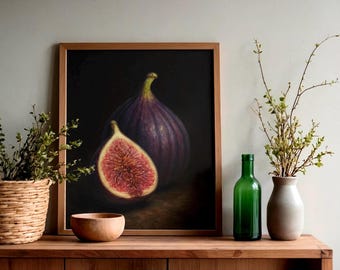Impressão de natureza morta com figos – Arte para cozinha com atmosfera melancólica, decoração rústica (Download digital)