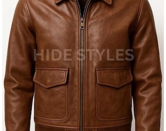 Men’s Real Leather Jacket Brown Vintage Style Zip Up Biker Bomber Classic
