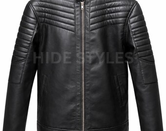 Men's Black Leather Cafe Racer Jacket | Quilted Biker Coat