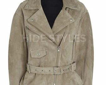Women's Beige Suede Leather Cropped Biker Jacket with Belt – Vintage Style Moto Coat