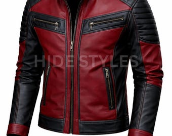 Men's Red Black Leather Jacket – Two-Tone Cafe Racer Biker Style Slim Fit