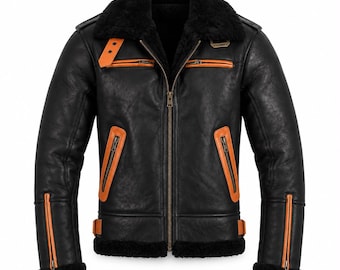 Men’s Black Leather Biker Jacket with Orange Accents | Shearling Winter Coat | Stylish Motorbike Jacket