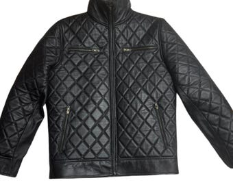 Men's Black Quilted Leather Jacket – Slim Fit Biker Style Winter Outerwear with Zipper Pockets