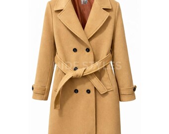 Women's Camel Wool Blend Double-Breasted Belted Trench Coat, Elegant Winter Jacket