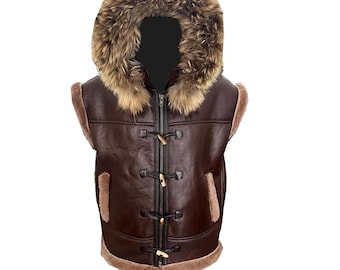 Men's Brown Sheepskin Shearling Aviator Vest: Hooded B3 Bomber