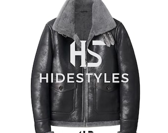 Men’s Black Shearling Leather Bomber Jacket –  Aviator Winter Coat with Fur Lining