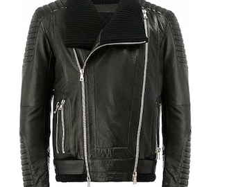 Men's Trending Black Slim Fit Moto Double Rider Lamb Skin Leather Jacket