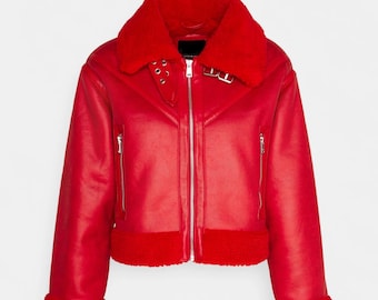 Women&#39;s Red Shearling Jacket - Perfect Christmas Gift - Cozy & Stylish Holiday Fashion