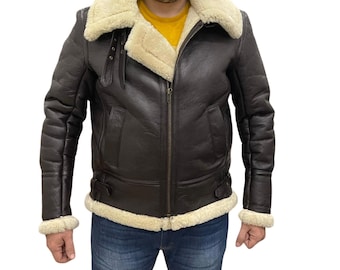 Men's Shearling B3 Bomber Jacket: Distressed Sheepskin Leather Aviator Coat