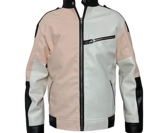 Color Block Leather Biker Jacket: Pink, White & Black Moto Style